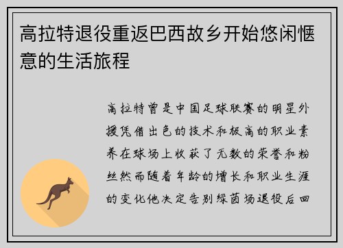 高拉特退役重返巴西故乡开始悠闲惬意的生活旅程