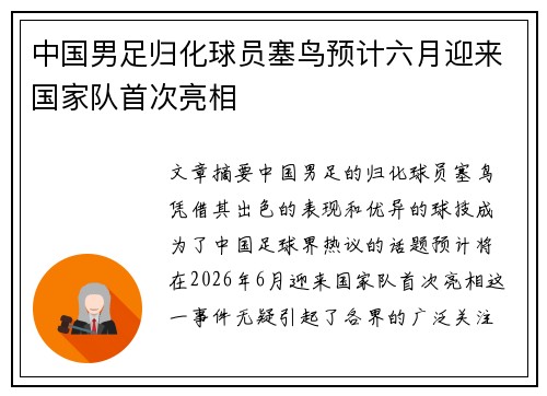 中国男足归化球员塞鸟预计六月迎来国家队首次亮相 中国男足归化球员塞鸟预计六月迎来国家队首次亮相