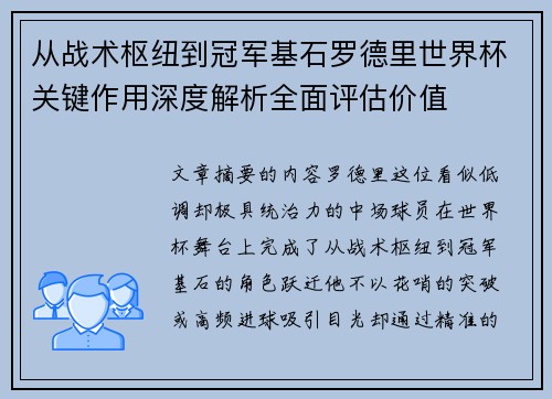 从战术枢纽到冠军基石罗德里世界杯关键作用深度解析全面评估价值 从战术枢纽到冠军基石罗德里世界杯关键作用深度解析全面评估价值