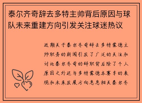 泰尔齐奇辞去多特主帅背后原因与球队未来重建方向引发关注球迷热议 泰尔齐奇辞去多特主帅背后原因与球队未来重建方向引发关注球迷热议